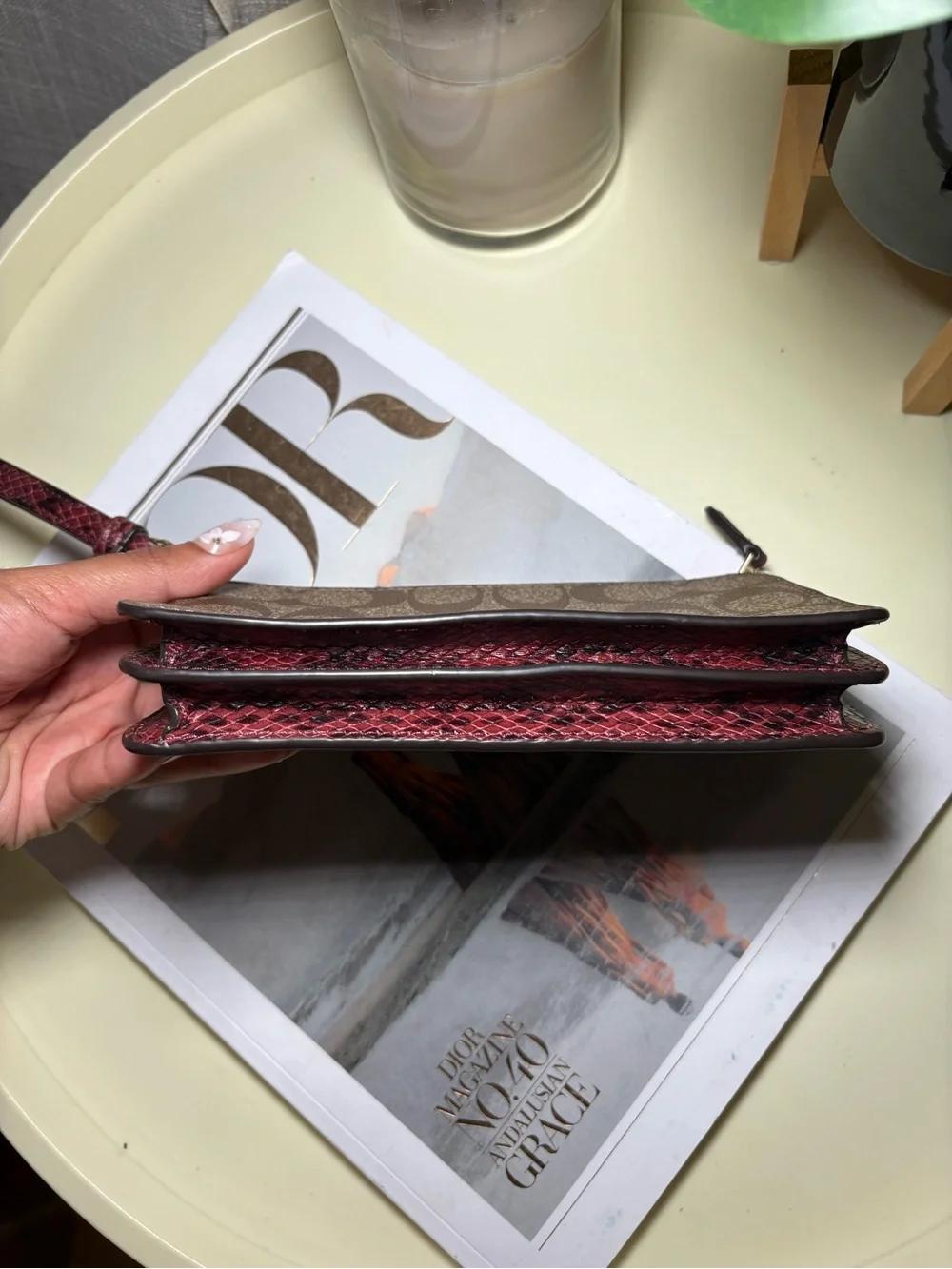 COACH Two-Tone Signature Leather Wristlet in Burgundy and Khaki